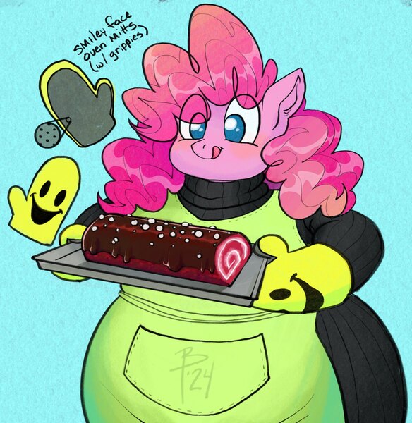Size: 1537x1579 | Tagged: safe, artist:flutterbree, derpibooru import, pinkie pie, anthro, earth pony, adorafatty, apron, baker, bbw, candy, chonk, clothes, cute, diapinkes, fat, female, food, image, jpeg, oven mitts, pudgy pie, smiley face, smiling, solo, sweets, tongue out