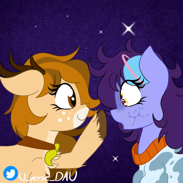 Size: 3000x3000 | Tagged: safe, artist:juniverse, derpibooru import, oc, oc:juniverse, unofficial characters only, deer, deer pony, earth pony, hybrid, original species, pony, boop, colored, commission, commission example, deer oc, duo, happy, headshot commission, image, night, non-pony oc, png, stars, surprised