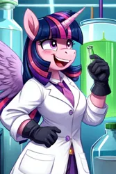 Size: 692x1037 | Tagged: safe, ai content, derpibooru import, machine learning generated, prompter:chillyhooves, stable diffusion, twilight sparkle, anthro, chemistry, clothes, image, jpeg, lab coat