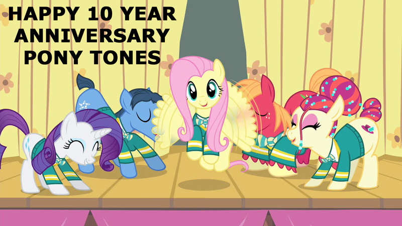 Size: 1280x720 | Tagged: safe, derpibooru import, edit, edited screencap, editor:incredibubbleirishguy, screencap, big macintosh, fluttershy, rarity, earth pony, pegasus, pony, unicorn, 2014, female, flying, group, image, male, mare, png, ponytones, ponytones outfit, quintet, stallion, text