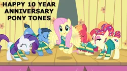 Size: 1280x720 | Tagged: safe, derpibooru import, edit, edited screencap, editor:incredibubbleirishguy, screencap, big macintosh, fluttershy, rarity, earth pony, pegasus, pony, unicorn, 2014, female, flying, group, image, male, mare, png, ponytones, ponytones outfit, quintet, stallion, text