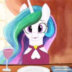 Size: 2000x2000 | Tagged: safe, artist:notawriteranon, derpibooru import, princess celestia, alicorn, pony, clothes, dinner, dress, glass, image, lipstick, looking at you, png, wine glass