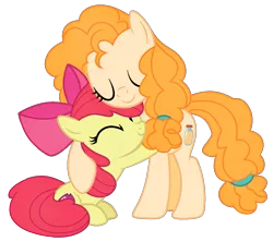 Size: 1617x1428 | Tagged: safe, artist:catcatcat9, artist:scarletwitchinfire, derpibooru import, apple bloom, pear butter, earth pony, pony, base used, eyes closed, female, filly, foal, hug, image, mare, mother and child, mother and daughter, png, simple background, sitting, transparent background