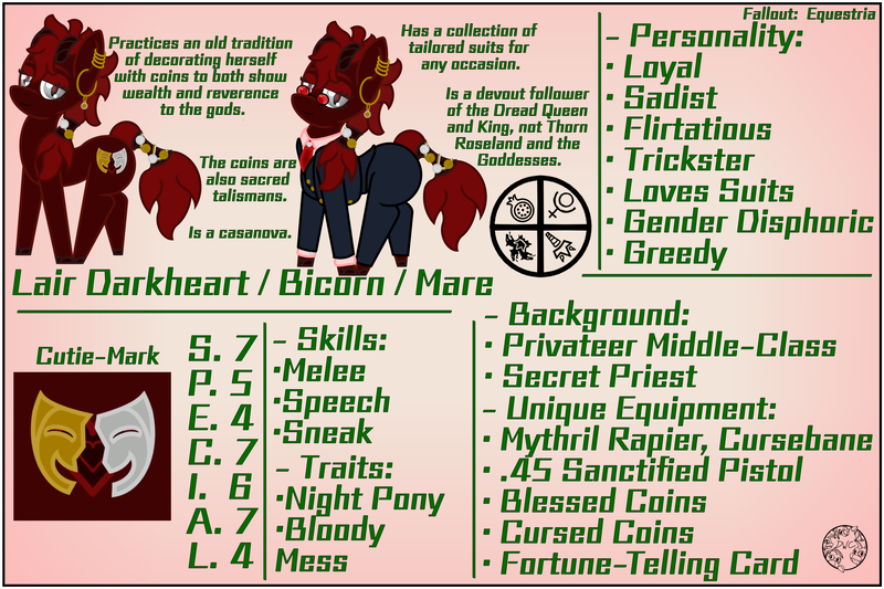 Size: 6000x4000 | Tagged: safe, artist:dice-warwick, derpibooru import, oc, oc:lair darkheart, bicorn, pony, fallout equestria, bio, clothes, coin, fallout equestria: desperados, fanfic art, female, horn, image, mare, multiple horns, png, reference sheet, religious, s.p.e.c.i.a.l., solo, suit, tail, tail wrap