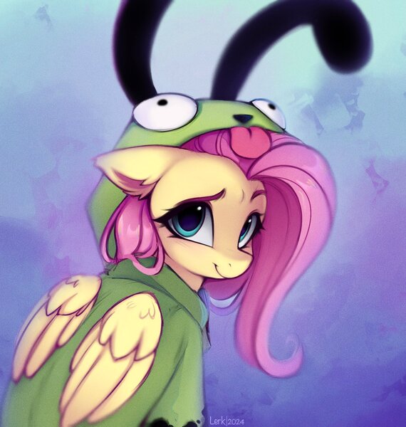 Size: 1364x1436 | Tagged: safe, artist:lerkfruitbat, derpibooru import, fluttershy, pegasus, pony, abstract background, antonymph, clothes, female, fluttgirshy, g4, gir, hoodie, image, invader zim, jpeg, looking at you, mare, smiling, solo, vylet pony