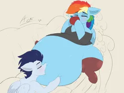 Size: 4000x3000 | Tagged: suggestive, artist:astrum, derpibooru import, rainbow dash, soarin', pegasus, pony, aroused, belly, big belly, biting, blushing, chest fluff, chugging, clothes, coffee, couch, couple, digital art, drink, drinking, duo, duo male and female, ear fluff, eyes closed, fat, fat fetish, feedee, feeder, female, fetish, floppy ears, folded wings, frog (hoof), huge belly, image, impossibly large belly, lying down, male, messy mane, morning ponies, mug, obese, onomatopoeia, pampering, png, prone, rainblob dash, shipping, shirt, sitting, soarindash, socks, squeezing, straight, thick, thighs, thunder thighs, tubby wubby pony waifu, underhoof, voluptudash, wings, worship