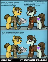 Size: 2444x3149 | Tagged: safe, artist:sroka001, derpibooru import, oc, earth pony, pony, 1st awesome platoon, clothes, comic, duo, image, military, military uniform, png, simple background, uniform