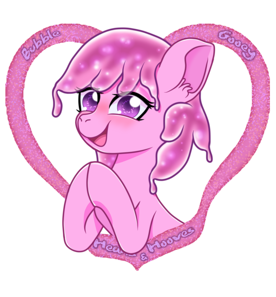 Size: 3350x3600 | Tagged: safe, artist:wojtek-ツ, derpibooru import, oc, oc:bubblegooey, unofficial characters only, goo, goo pony, original species, pony, :d, blushing, bust, cute, daaaaaaaaaaaw, ear fluff, female, gift art, happy, heart, hearts and hooves day, hooves together, image, looking at you, mare, ocbetes, open mouth, open smile, pink coat, pink mane, png, purple eyes, raised hoof, simple background, slime, smiling, smiling at you, solo, text, transparent background
