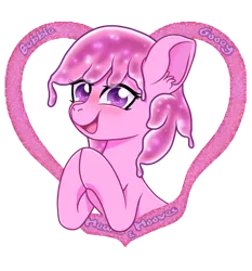 Size: 3350x3600 | Tagged: safe, artist:wojtek-ツ, derpibooru import, oc, oc:bubblegooey, unofficial characters only, goo, goo pony, original species, pony, :d, blushing, bust, cute, daaaaaaaaaaaw, ear fluff, female, gift art, happy, heart, hearts and hooves day, hooves together, image, looking at you, mare, ocbetes, open mouth, open smile, pink coat, pink mane, png, purple eyes, raised hoof, simple background, slime, smiling, smiling at you, solo, text, transparent background