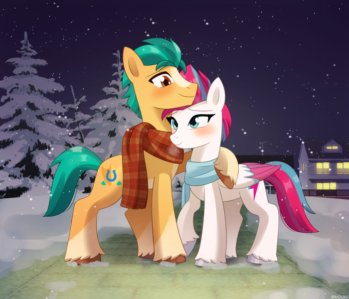 Size: 1050x900 | Tagged: safe, artist:riouku, derpibooru import, hitch trailblazer, zipp storm, earth pony, pegasus, pony, g5, season 1, winter wrap up, adorazipp, blushing, clothes, cute, cutie mark, duo, duo male and female, female, g4, height difference, hitchbetes, holiday, house, hug, image, looking down, looking up, male, mare, markings, night, outdoors, park, png, scarf, ship:stormblazer, shipping, smiling, snow, stallion, straight, tree, unshorn fetlocks, valentine's day, wings, winter