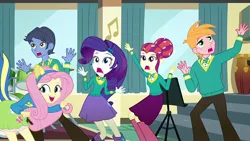 Size: 1280x720 | Tagged: safe, derpibooru import, edit, edited screencap, editor:incredibubbleirishguy, screencap, big macintosh, fluttershy, rarity, toe-tapper, torch song, eqg summertime shorts, equestria girls, steps of pep, alternate scenario, boots, clothes, equestria girls-ified, group, high heel boots, image, png, ponytones, ponytones outfit, quintet, shirt, shoes, skirt, wondertones