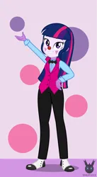Size: 778x1418 | Tagged: safe, artist:wheatley r.h., derpibooru import, oc, oc:twi clown, unofficial characters only, human, equestria girls, bowtie, clothes, clown, clown makeup, clown nose, derpibooru exclusive, equestria girls-ified, female, image, jpeg, red nose, shoes, simple background, smiling, solo, spats, suit, vector, vest, watermark