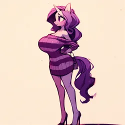 Size: 1024x1024 | Tagged: safe, ai content, derpibooru import, machine learning generated, rarity, anthro, plantigrade anthro, unicorn, adorasexy, big breasts, blushing, breasts, busty rarity, clothes, curvy, cute, female, frown, g4, hands behind back, high heels, hourglass figure, huge breasts, image, large butt, png, prompter:horselover fat, pullover, purse, sexy, shoes, side view, sideboob, simple background, solo, standing, stripes, stupid sexy rarity, sweater, sweater dress, sweater puppies, white background, wide hips