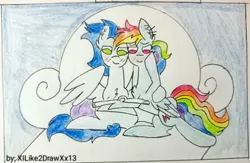 Size: 749x489 | Tagged: safe, artist:xilike2drawxx13, derpibooru import, rainbow dash, soarin', pegasus, pony, female, image, jpeg, male, mare, shipping, soarindash, stallion, straight, traditional art