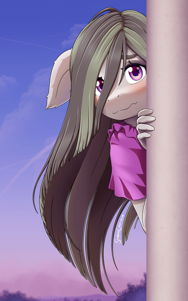 Size: 1250x2000 | Tagged: safe, artist:symbianl, derpibooru import, marble pie, anthro, earth pony, blushing, female, g4, hair over one eye, image, jpeg, looking at you, peeking, shy, solo, wavy mouth