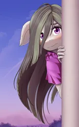 Size: 1250x2000 | Tagged: safe, artist:symbianl, derpibooru import, marble pie, anthro, earth pony, blushing, female, g4, hair over one eye, image, jpeg, looking at you, peeking, shy, solo, wavy mouth