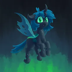 Size: 1250x1250 | Tagged: safe, artist:impamy, derpibooru import, changeling queen oc, oc, oc:anonfilly, oc:changeling filly anon, changeling, changeling queen, changeling oc, cute, cute little fangs, fangs, female, filly, full body, glow, glowing eyes, green eyes, horn, image, insect wings, png, quadrupedal, solo, species swap, wings