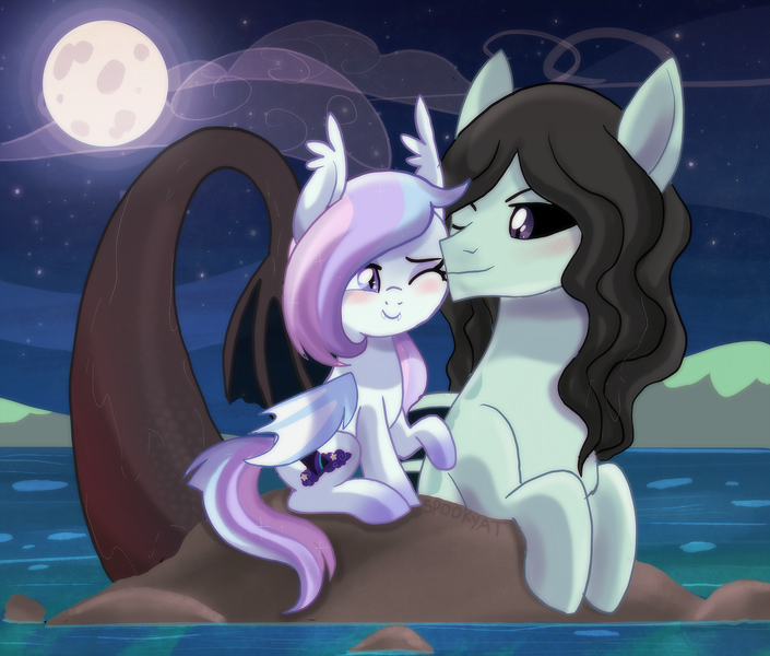 Size: 2629x2239 | Tagged: safe, artist:spookyle, derpibooru import, oc, oc:dreamy skies, oc:jellan, bat pony, hybrid, merpony, pony, seapony (g4), siren, blushing, digital art, female, fin, fish tail, image, looking at each other, looking at someone, male, mare, moon, night, ocean, png, scales, shipping, smiling, smiling at each other, swimming, tail, water