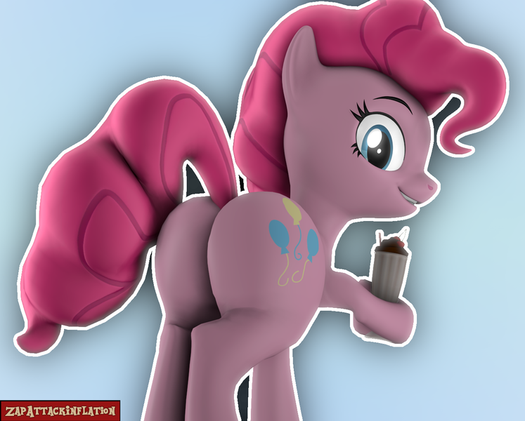 Size: 1344x1080 | Tagged: questionable, artist:zapattackinflation, derpibooru import, pinkie pie, earth pony, pony, 3d, balloonbutt, butt, butt expansion, drink, feral, g4, growth, image, large butt, milkshake, photo, png, revamped ponies, simple background, source filmmaker, watermark