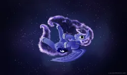 Size: 3760x2238 | Tagged: safe, artist:calebpedigo, derpibooru import, princess luna, alicorn, pony, female, floating, g4, high res, image, looking at you, mare, png, smiling, smiling at you, solo, space