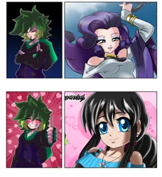 Size: 3746x4100 | Tagged: safe, artist:cmacx, artist:mauroz, derpibooru import, edit, rarity, spike, oc, oc:hikari (spike chronicles), human, anime, blushing, disgusted, heart, humanized, image, png, thumbs up, tongue out