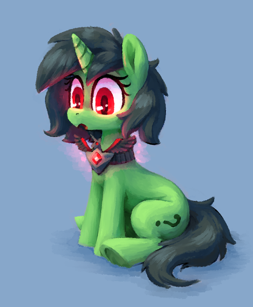 Size: 1420x1720 | Tagged: safe, artist:impamy, derpibooru import, oc, oc:anonfilly, pony, unicorn, alicorn amulet, female, filly, full body, horn, image, png, red eyes, simple background, sitting, solo