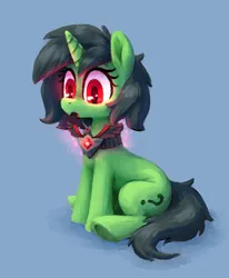 Size: 1420x1720 | Tagged: safe, artist:impamy, derpibooru import, oc, oc:anonfilly, pony, unicorn, alicorn amulet, female, filly, full body, horn, image, png, red eyes, simple background, sitting, solo