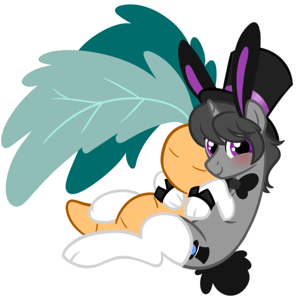 Size: 5000x5000 | Tagged: safe, artist:wtfponytime, derpibooru import, oc, oc:top clue, unofficial characters only, pony, unicorn, animal costume, blushing, bowtie, bunny costume, bunny ears, bunny tail, clothes, costume, cuddling, cuffs (clothes), hat, image, looking at you, male, plushie, png, simple background, socks, solo, stallion, tail, top hat, transparent background