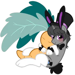 Size: 5000x5000 | Tagged: safe, artist:wtfponytime, derpibooru import, oc, oc:top clue, unofficial characters only, pony, unicorn, animal costume, blushing, bowtie, bunny costume, bunny ears, bunny tail, clothes, costume, cuddling, cuffs (clothes), hat, image, looking at you, male, plushie, png, simple background, socks, solo, stallion, tail, top hat, transparent background