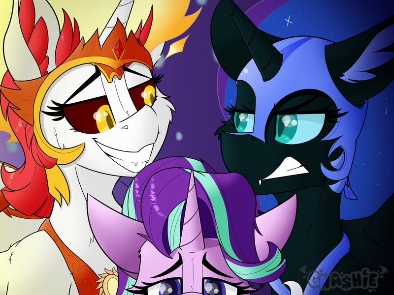 Size: 3200x2400 | Tagged: safe, artist:gnashie, derpibooru import, daybreaker, nightmare moon, starlight glimmer, alicorn, unicorn, angry, colored sclera, crown, ear fluff, fangs, fire, floppy ears, grin, helmet, image, jewelry, png, regalia, smiling, smug, tired