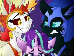 Size: 3200x2400 | Tagged: safe, artist:gnashie, derpibooru import, daybreaker, nightmare moon, starlight glimmer, alicorn, unicorn, angry, colored sclera, crown, ear fluff, fangs, fire, floppy ears, grin, helmet, image, jewelry, png, regalia, smiling, smug, tired