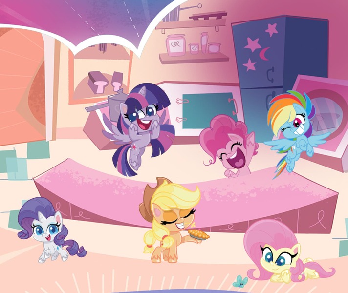 Size: 1614x1360 | Tagged: safe, derpibooru import, official, applejack, fluttershy, pinkie pie, rainbow dash, rarity, twilight sparkle, twilight sparkle (alicorn), alicorn, butterfly, insect, my little pony: pony life, 2d, chibi, eyes closed, flying, food, happy, image, jpeg, looking at you, lying down, one eye closed, pie, smiling, smiling at you, standing, sugarcube corner, wink