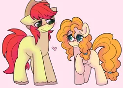 Size: 2800x2000 | Tagged: safe, artist:puppie, derpibooru import, bright mac, pear butter, earth pony, pony, blushing, brightbutter, canon ship, cute, female, g4, heart, image, looking at each other, looking at someone, love, male, mare, pink background, png, shipping, simple background, stallion, straight