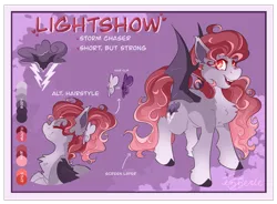 Size: 3179x2342 | Tagged: safe, artist:ezzerie, derpibooru import, oc, oc:lightshow, bat pony, pony, alternate hairstyle, bat pony oc, bat wings, hairclip, image, png, reference sheet, solo, wings