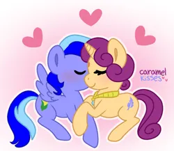 Size: 1024x888 | Tagged: safe, artist:caramel kisses, derpibooru import, oc, oc:alice feather, oc:corny bell, unofficial characters only, pegasus, pony, unicorn, blushing, couple, eyes closed, giveaway, heart, hearts and hooves day, horn, image, jewelry, kissing, love, necklace, pegasus oc, png, simple background, spread wings, two toned hair, unicorn oc, wings