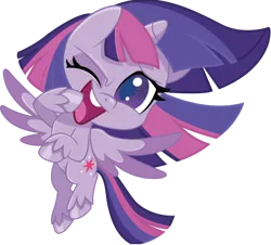 Size: 447x404 | Tagged: safe, derpibooru import, official, twilight sparkle, twilight sparkle (alicorn), alicorn, my little pony: pony life, 2d, chibi, flying, happy, image, looking at you, one eye closed, png, simple background, smiling, smiling at you, solo, transparent background, wink, winking at you