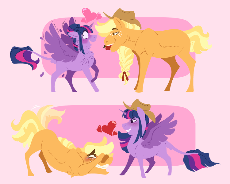 Size: 2691x2153 | Tagged: safe, artist:angstyram, derpibooru import, applejack, twilight sparkle, twilight sparkle (alicorn), alicorn, earth pony, pony, accessory swap, accessory theft, apple, applejack's hat, blush lines, blushing, cowboy hat, female, food, grin, hat, heart, image, leonine tail, lesbian, missing cutie mark, mouth hold, png, ship:twijack, shipping, smiling, tail, tail wag