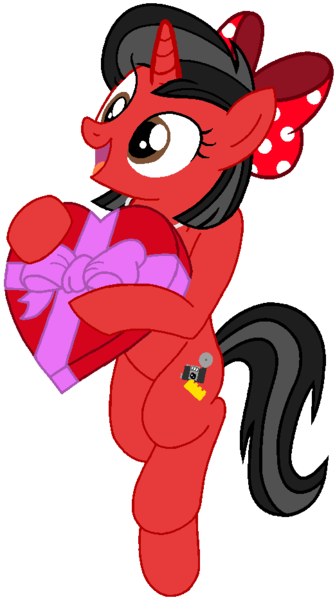 Size: 521x933 | Tagged: safe, artist:mickey1909, derpibooru import, oc, oc:minnie motion, unofficial characters only, pony, unicorn, bow, box of chocolates, female, g4, hair bow, holiday, image, png, simple background, transparent background, valentine's day