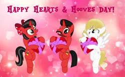 Size: 2117x1300 | Tagged: safe, artist:mickey1909, derpibooru import, oc, oc:honey bun, oc:mickey motion, oc:minnie motion, unofficial characters only, pegasus, unicorn, box of chocolates, g4, hearts and hooves day, holiday, image, png, valentine's day