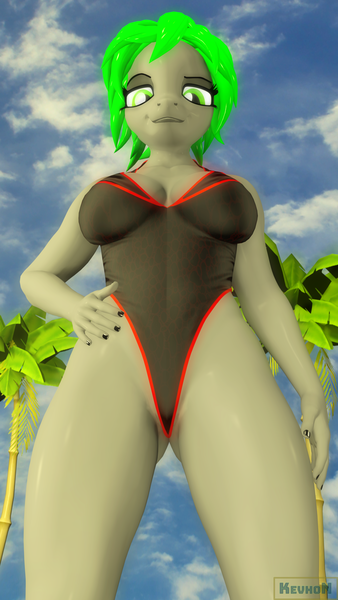 Size: 2160x3840 | Tagged: suggestive, artist:kevhon, derpibooru import, oc, oc:acidic, unofficial characters only, anthro, earth pony, 3d, art trade, breasts, clothes, eyes closed, female, green hair, hand on hip, image, lipstick, looking at you, nail polish, one-piece swimsuit, palm tree, png, sky, smiling, solo, solo female, source filmmaker, swimsuit, tree