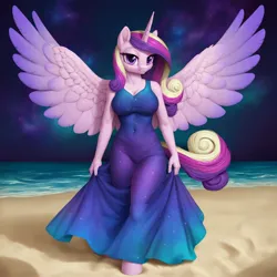 Size: 2048x2048 | Tagged: safe, ai content, derpibooru import, machine learning generated, prompter:snowyanon, stable diffusion, princess cadance, alicorn, anthro, unguligrade anthro, beach, bedroom eyes, clothes, dress, g4, generator:pony diffusion v6 xl, image, jpeg, long dress, looking at you, nebula, night, ocean, spread wings, starry sky, tight clothing, water, wings