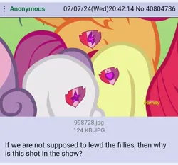 Size: 720x672 | Tagged: suggestive, derpibooru import, edit, edited screencap, screencap, apple bloom, scootaloo, sweetie belle, pony, crusaders of the lost mark, /mlp/, 4chan, butt, cutie mark crusaders, female, filly, foal, i watch it for the plot, image, implied foalcon, implied underage, jpeg