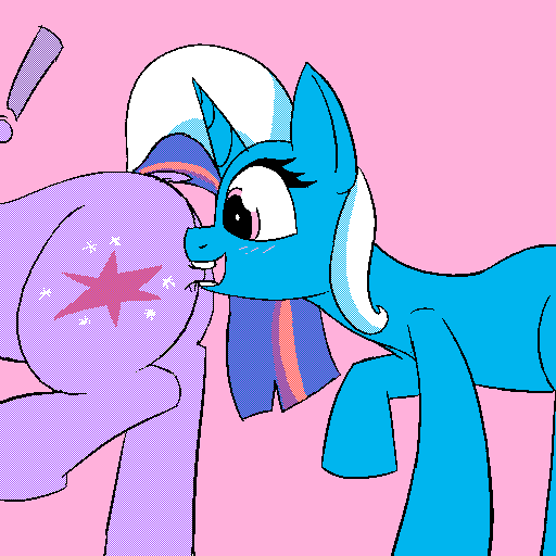 Size: 512x512 | Tagged: safe, artist:xppp1n, derpibooru import, trixie, twilight sparkle, biting, dithering, image, png, simple background