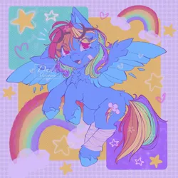 Size: 894x894 | Tagged: safe, artist:dudsmeown, derpibooru import, rainbow dash, pegasus, pony, abstract background, bandage, bandaged leg, cute, dashabetes, female, g4, goggles, goggles on head, image, jpeg, mare, rainbow, spread wings, stars, wings