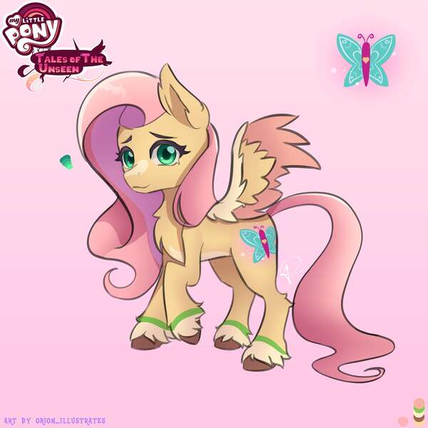 Size: 3534x3533 | Tagged: safe, artist:orion_illustrates, derpibooru import, fluttershy, pegasus, pony, comic:tales of the unseen, chest fluff, cutie mark, image, jpeg, long mane, long tail, redesign, simple background, solo, spread wings, tail, wings