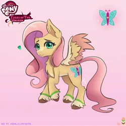 Size: 3534x3533 | Tagged: safe, artist:orion_illustrates, derpibooru import, fluttershy, pegasus, pony, comic:tales of the unseen, chest fluff, cutie mark, image, jpeg, long mane, long tail, redesign, simple background, solo, spread wings, tail, wings