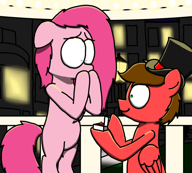 Size: 3351x3023 | Tagged: safe, artist:professorventurer, derpibooru import, oc, oc:cassie venturer, oc:professor venturer, earth pony, pegasus, pony, bipedal, cel shading, female, floppy ears, gazebo, hat, image, lore, male, mare, marriage proposal, night, png, shading, smiling, stallion, tint, top hat, zephyr heights