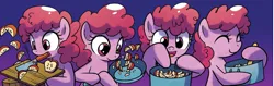 Size: 1705x541 | Tagged: safe, artist:agnesgarbowska, derpibooru import, idw, earth pony, pony, spoiler:comic, spoiler:comic60, apple, apple slice, cooking, cute, female, filly, foal, food, g4, image, official comic, png, pot, smorgasbord
