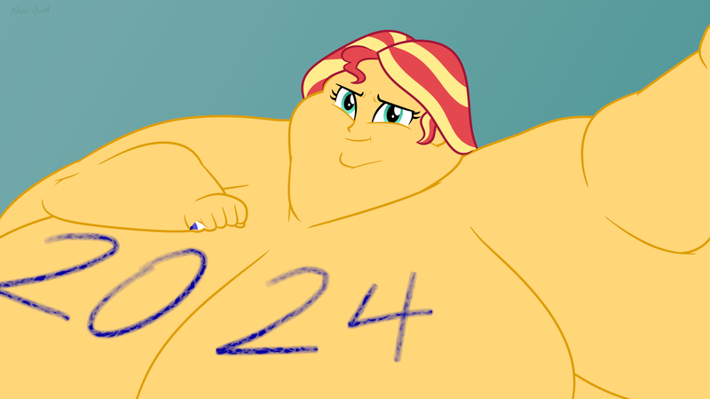 Size: 2560x1440 | Tagged: questionable, artist:neongothic, derpibooru import, sunset shimmer, human, equestria girls, bbw, big breasts, breasts, busty sunset shimmer, chubby cheeks, double chin, fat, fat boobs, fat fetish, female, fetish, happy new year, holiday, huge breasts, image, immobile, impossibly large breasts, marker, morbidly obese, obese, png, selfie, slobset shimmer, smiling, solo, ssbbw, ton-set shimmer