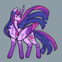 Size: 2048x2048 | Tagged: safe, artist:ghostunes, derpibooru import, twilight sparkle, alicorn, pony, coat markings, curved horn, folded wings, gray background, hoof fluff, horizontal stripes, horn, image, looking at you, png, redesign, simple background, socks (coat marking), sparkles, straight hair, stripes, wings
